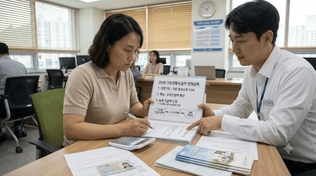 상담 창구에서 서류를 함께 검토하는 두 사람