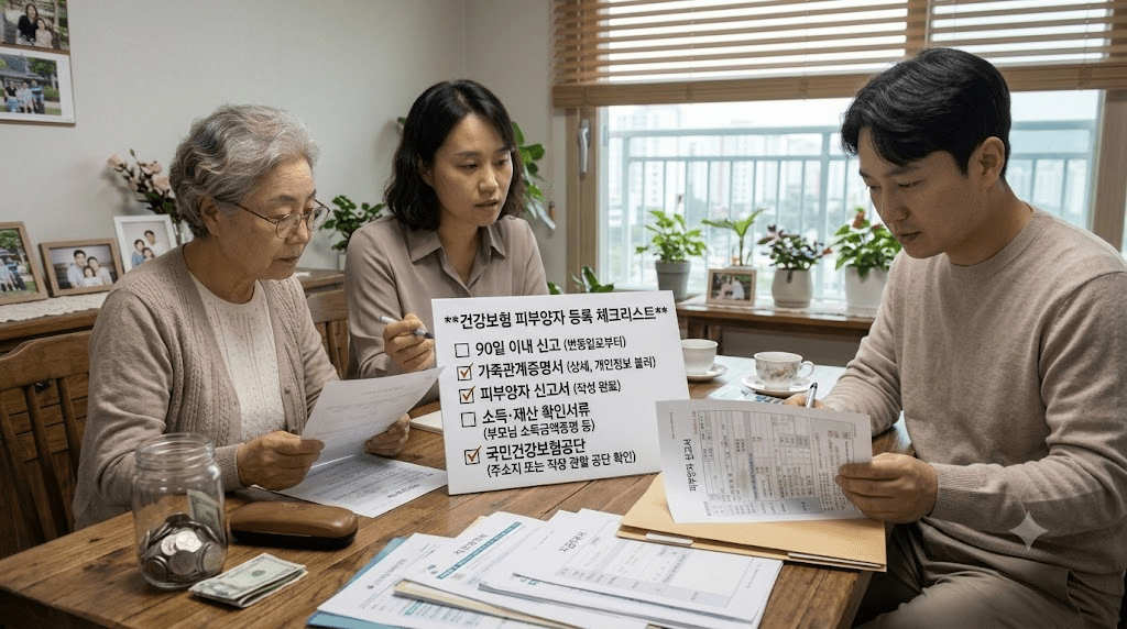 상담 창구에서 서류를 함께 검토하는 두 사람