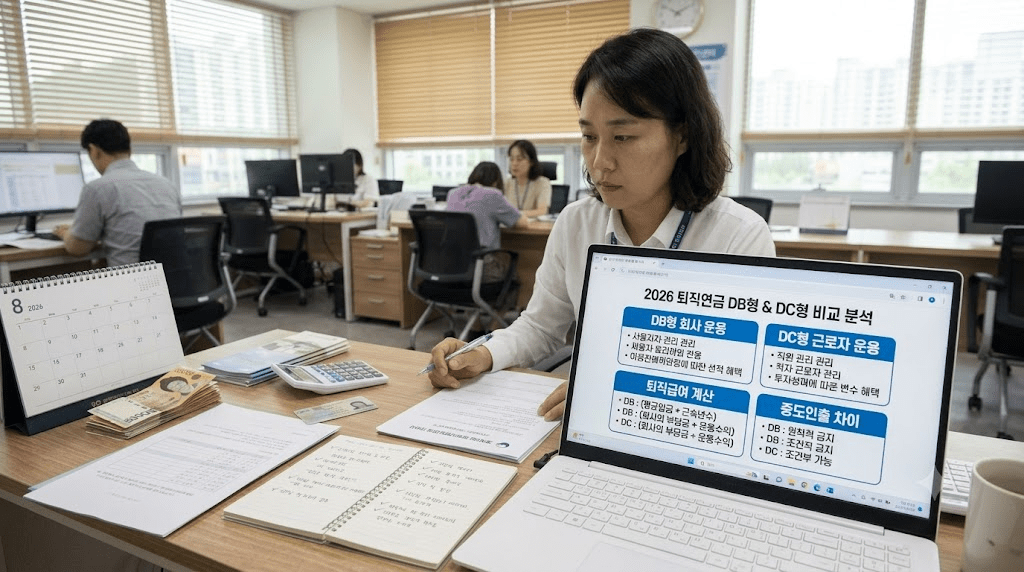 노트북 화면과 서류를 확인하는 여성