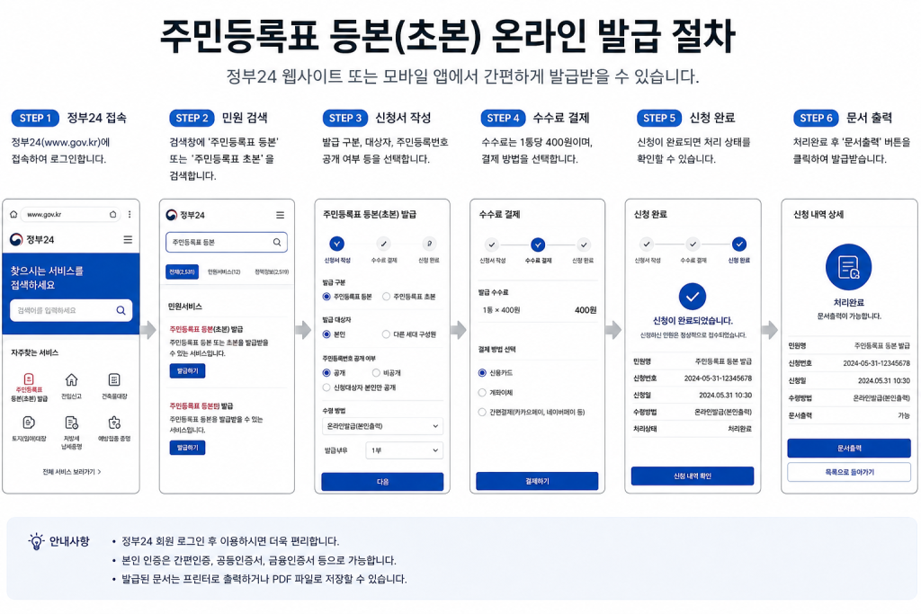 주민등록등본 및 초본 온라인 발급 절차 인포그래픽