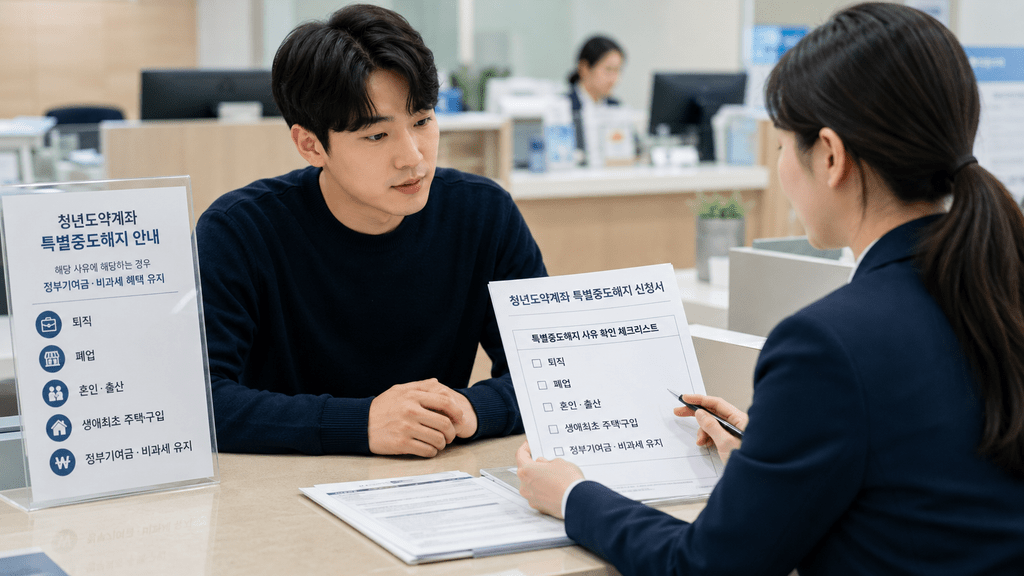상담 창구에서 서류를 함께 검토하는 두 사람