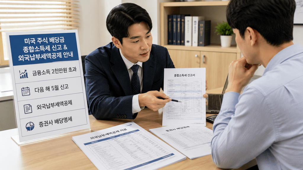 상담 창구에서 서류를 함께 검토하는 두 사람