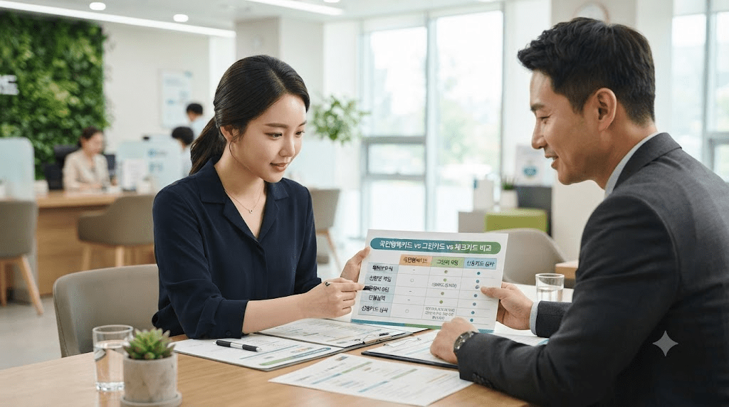 상담 창구에서 서류를 함께 검토하는 두 사람