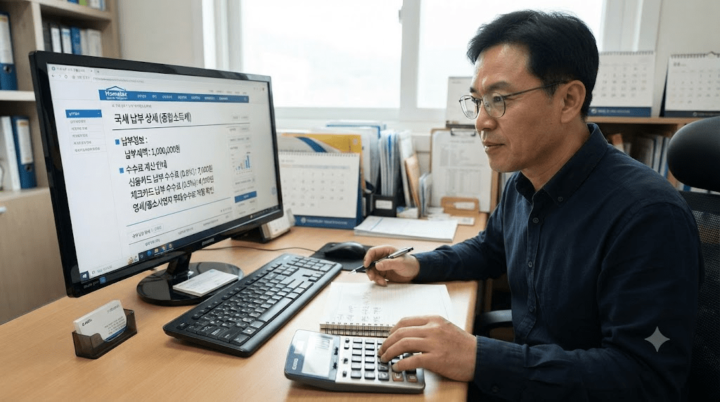 노트북 또는 컴퓨터 화면과 서류를 확인하는 남성
