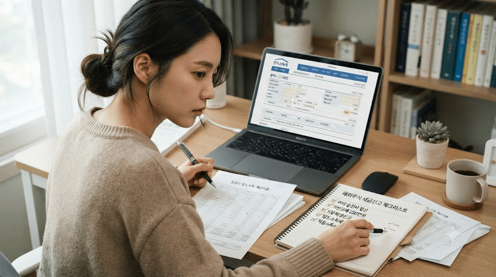 노트북 화면과 서류를 확인하는 여성