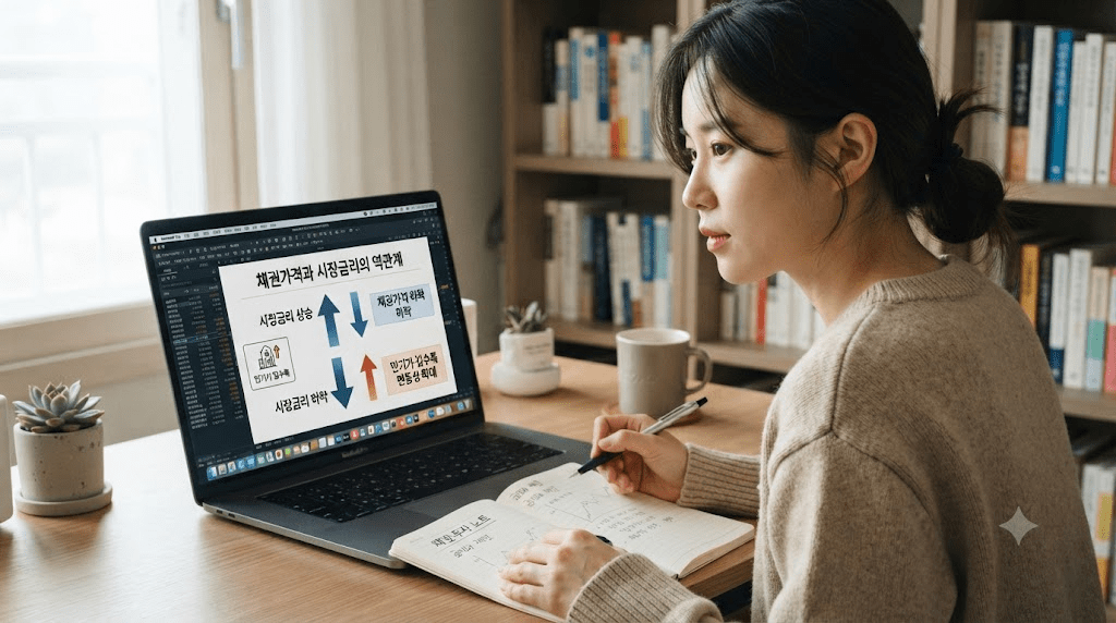 노트북 화면과 서류를 확인하는 여성
