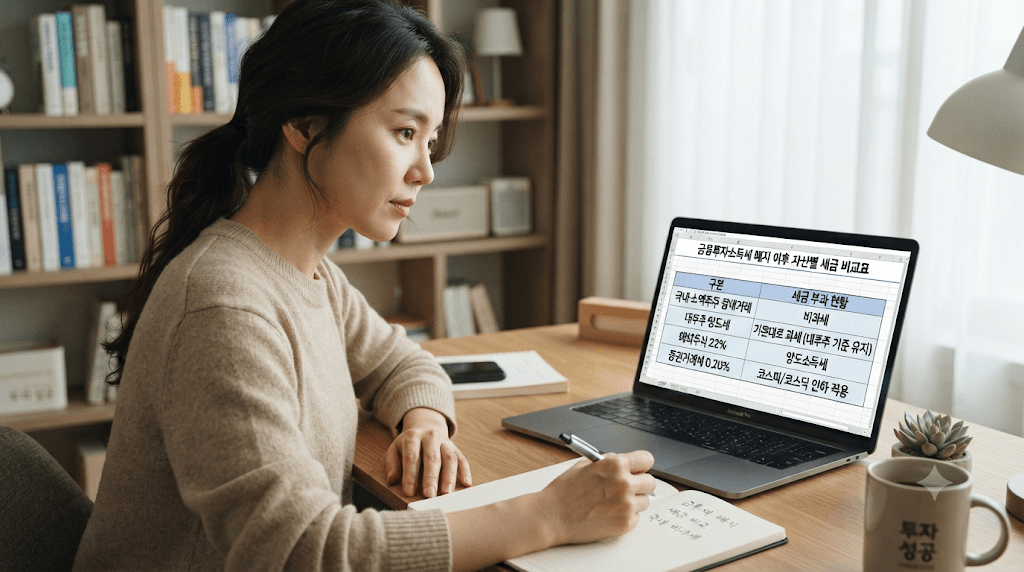 노트북 화면과 서류를 확인하는 여성