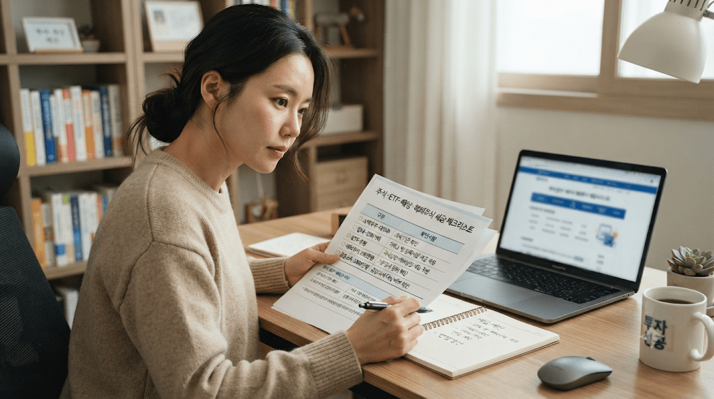 노트북 화면과 서류를 확인하는 여성