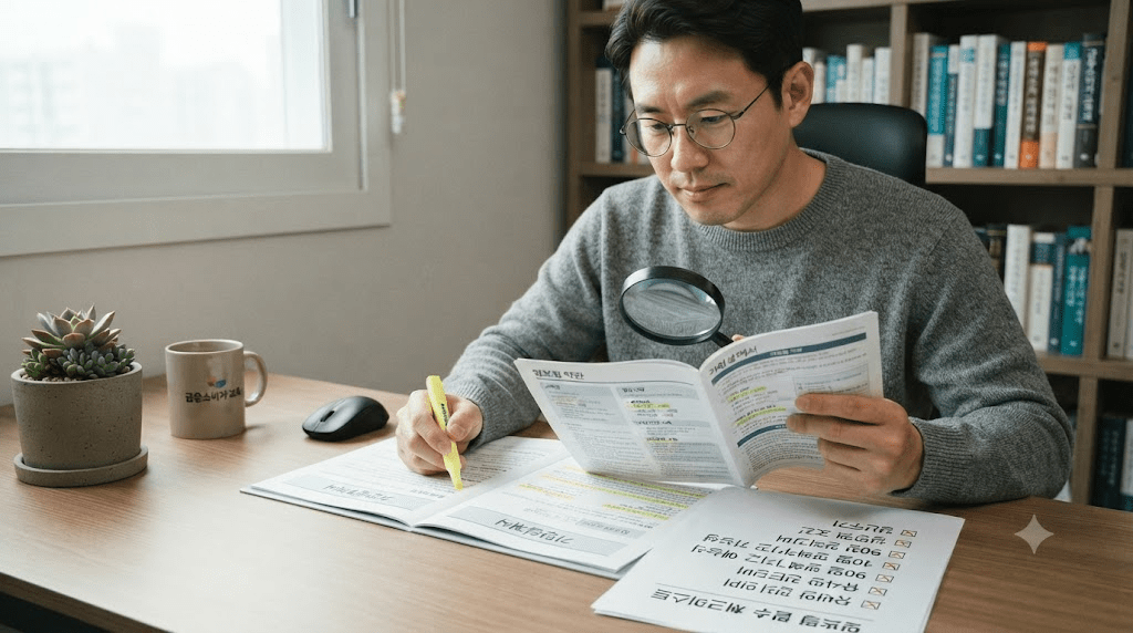 돋보기로 서류를 읽는 남성