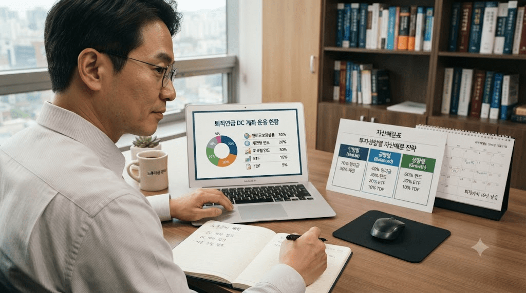 노트북 또는 컴퓨터 화면과 서류를 확인하는 남성