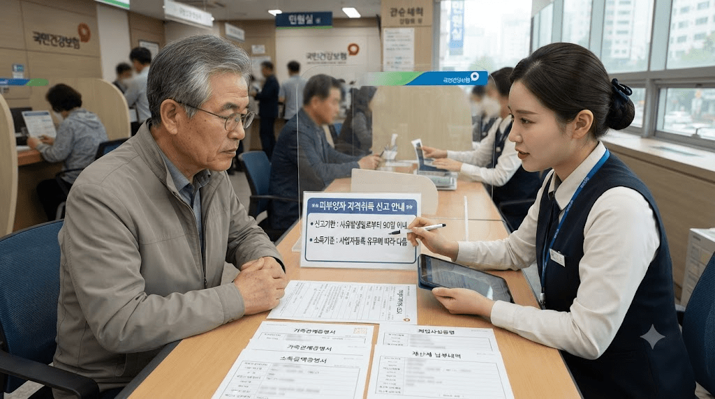 상담 창구에서 서류를 함께 검토하는 두 사람
