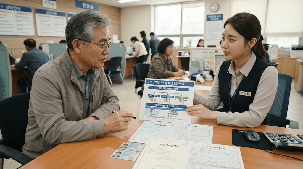 상담 창구에서 서류를 함께 검토하는 두 사람