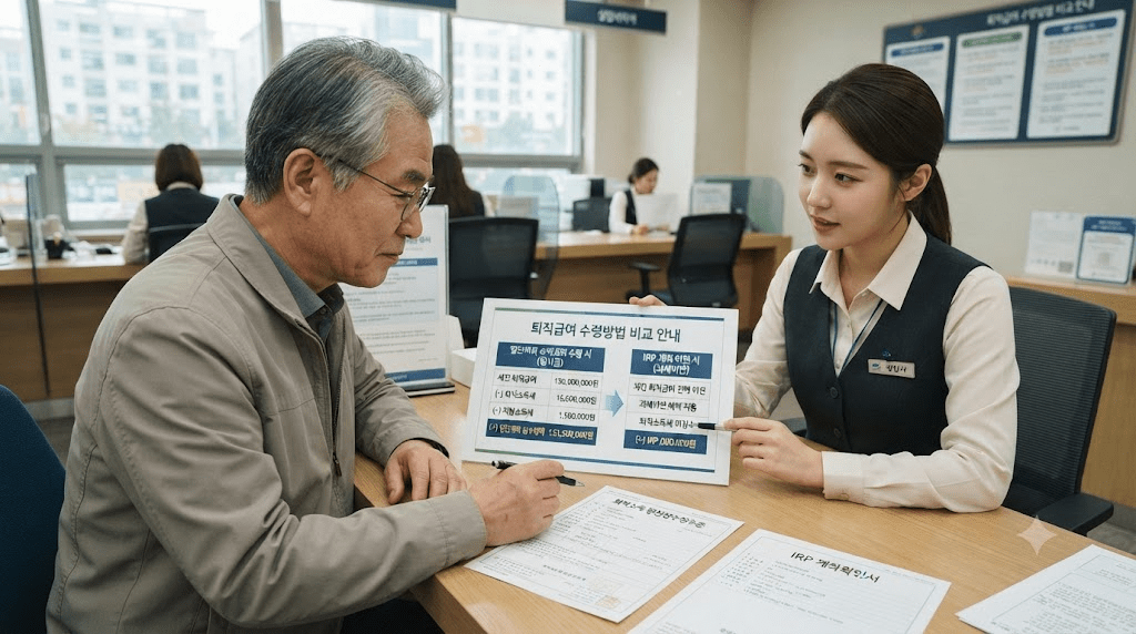 상담 창구에서 서류를 함께 검토하는 두 사람