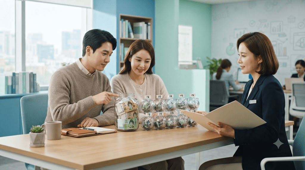 상담사와 신청 서류를 확인하는 부부