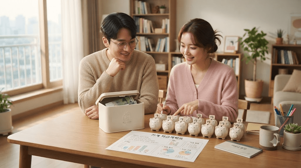 저금통과 안내서를 함께 확인하는 부부