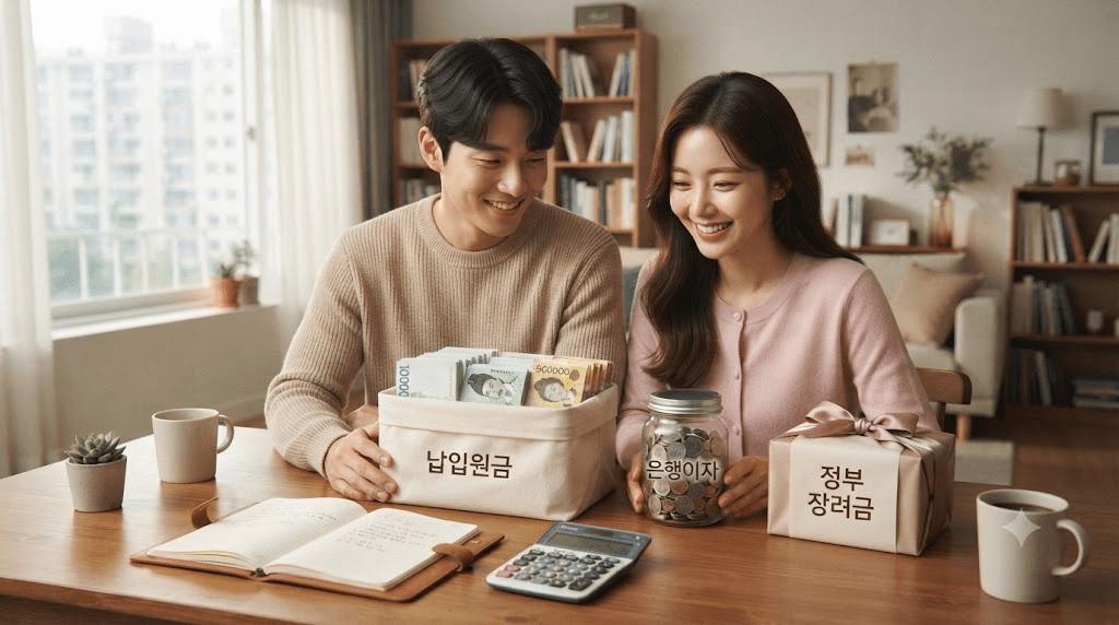 저금통과 안내 자료를 함께 확인하는 부부