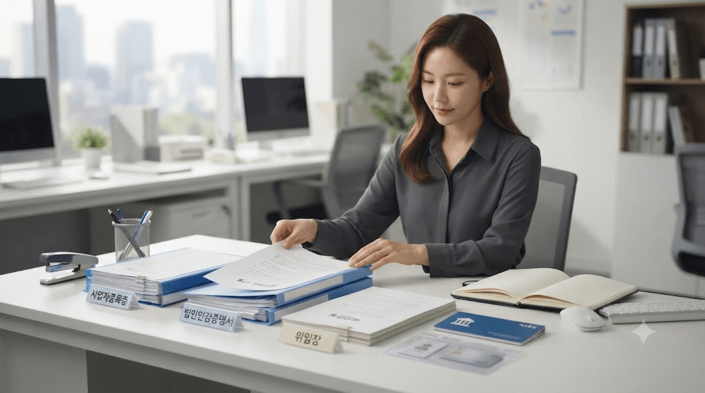 책상에 펼친 서류를 검토하는 여성