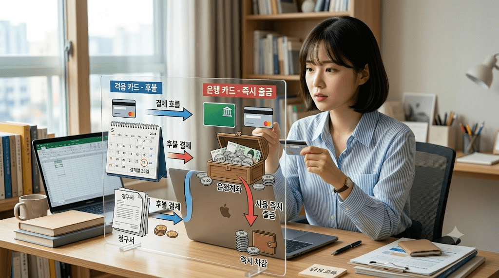 안내 자료와 카드를 확인하는 여성