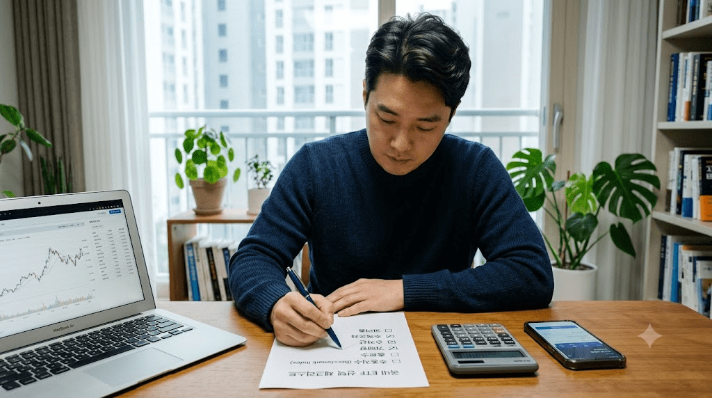 책상에 펼친 서류를 검토하는 남성