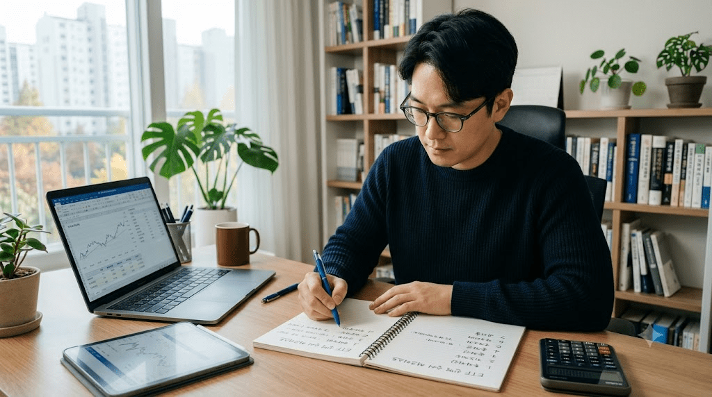 책상에 펼친 서류를 검토하는 남성