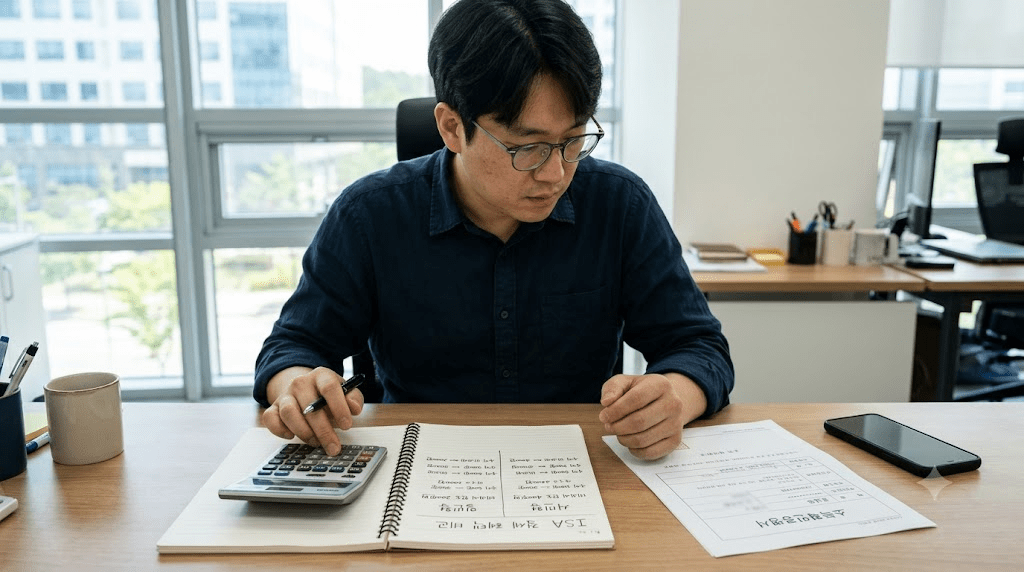 책상에 펼친 서류를 검토하는 남성
