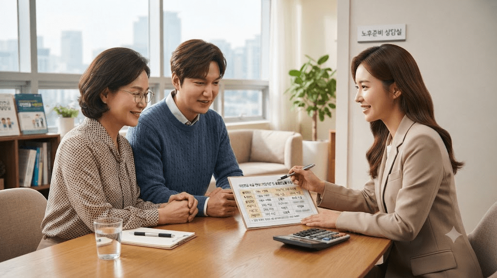 상담 창구에서 서류를 함께 검토하는 두 사람