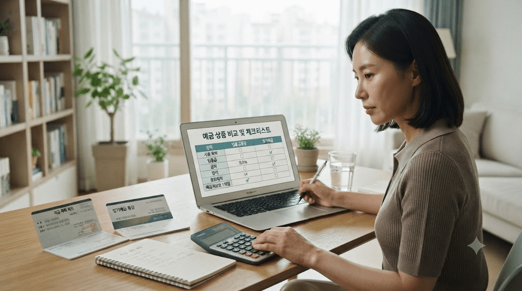 노트북 화면과 서류를 확인하는 여성