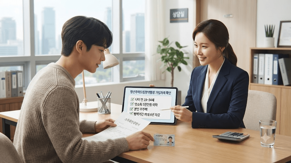 상담 창구에서 서류를 함께 검토하는 두 사람