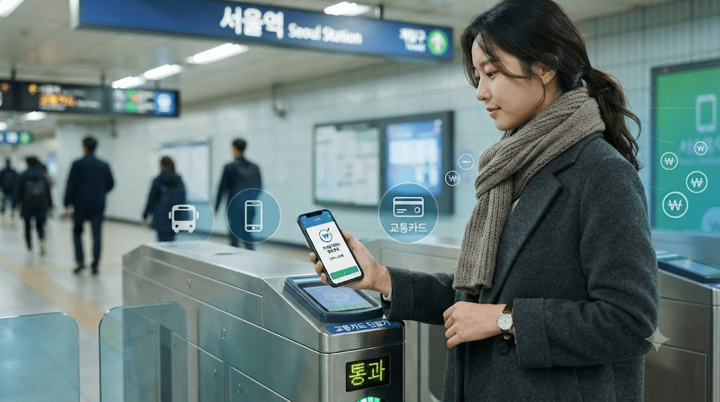 역 개찰구 앞에서 스마트폰을 확인하는 여성