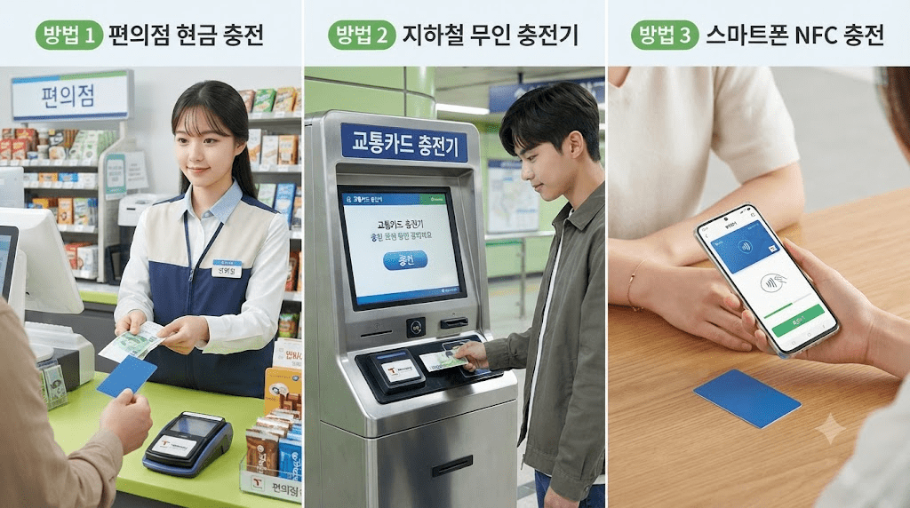 현금, 카드와 스마트폰을 이용한 결제 방법을 비교한 안내 이미지