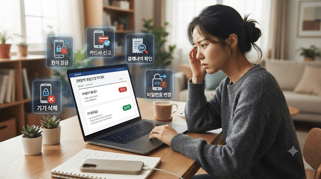 노트북 화면과 서류를 확인하는 여성
