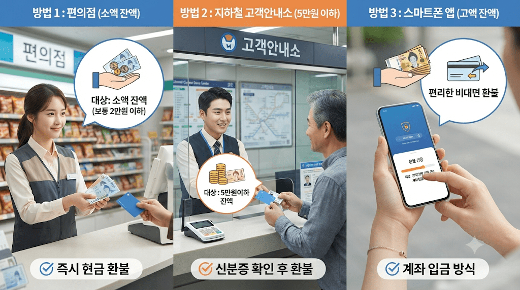 창구 방문과 스마트폰 이용 절차를 세 단계로 보여주는 안내 이미지