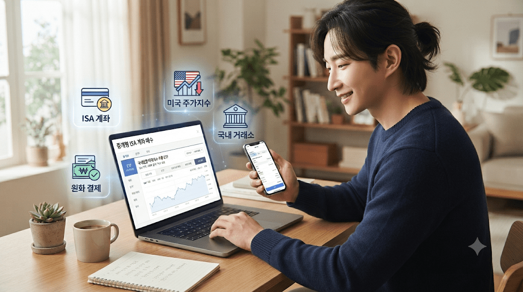 휴대전화와 노트북 화면을 확인하는 남성