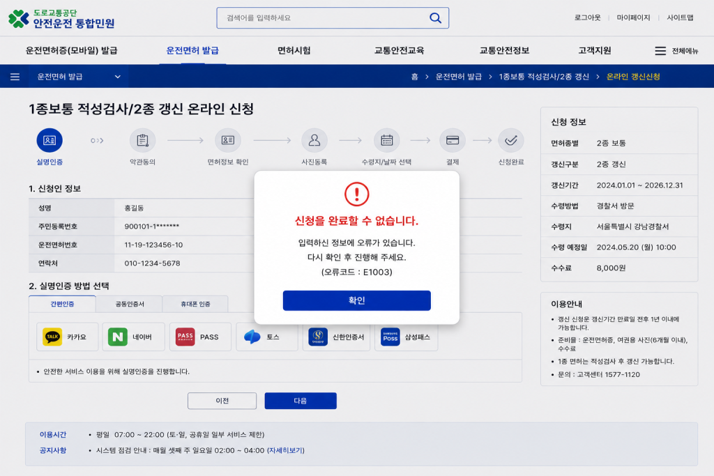 운전면허 온라인 신청 오류 화면 예시