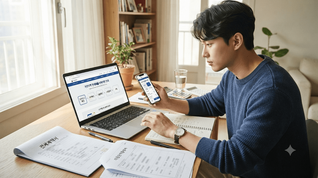 휴대전화 화면을 확인하는 남성