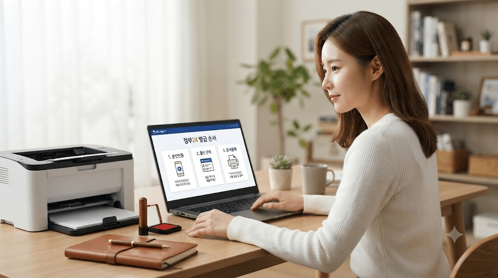 노트북 화면과 서류를 확인하는 여성