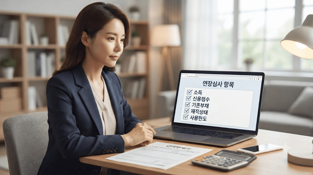 노트북 화면과 서류를 확인하는 여성