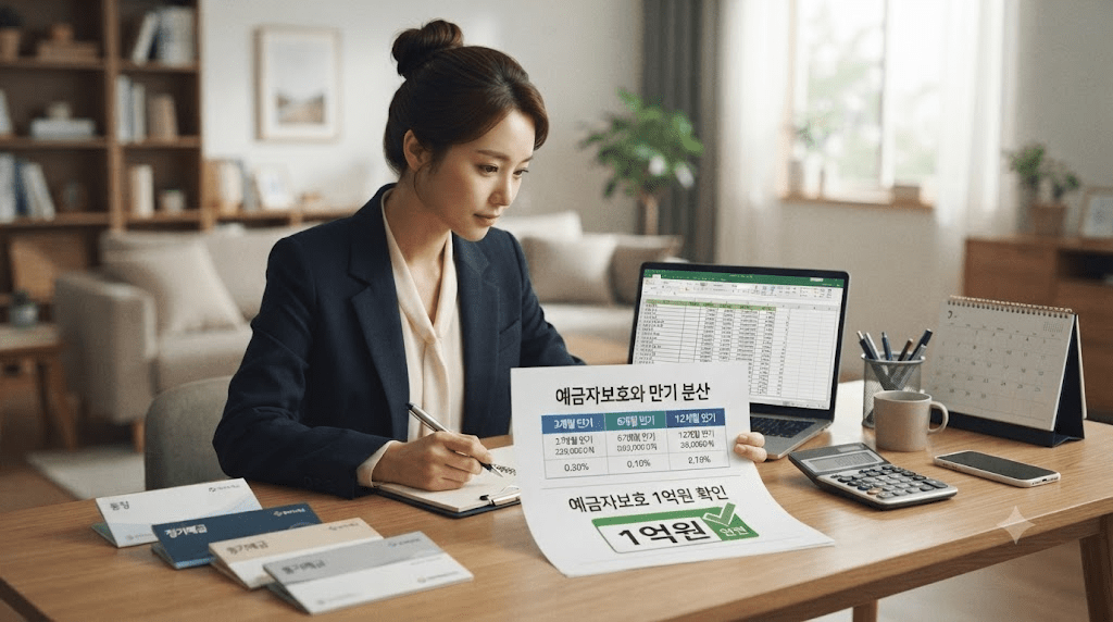 책상에 펼친 서류를 검토하는 여성