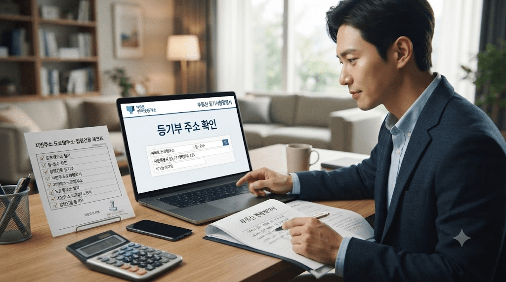 노트북 또는 컴퓨터 화면과 서류를 확인하는 남성