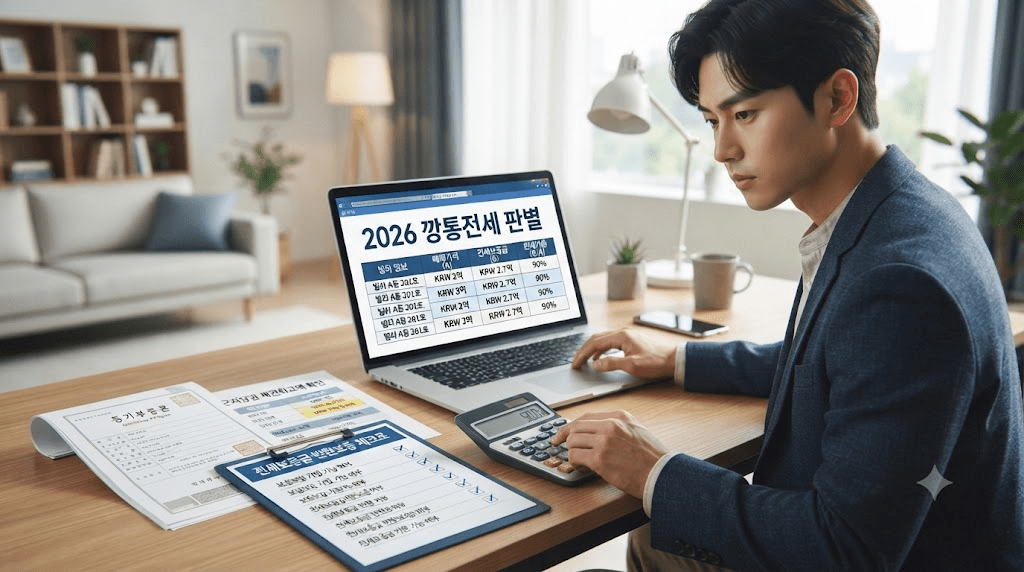노트북 또는 컴퓨터 화면과 서류를 확인하는 남성