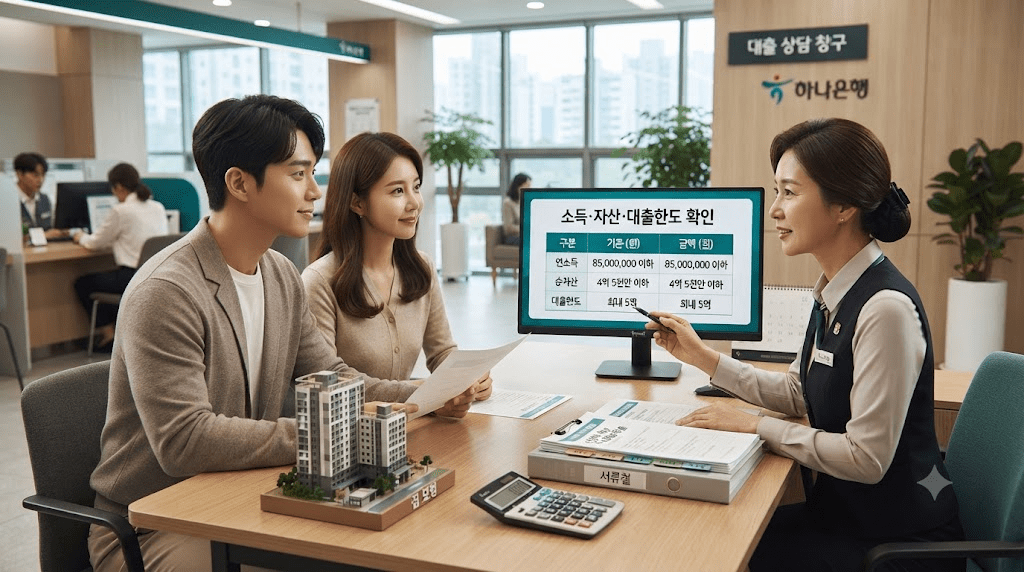 상담 창구에서 서류를 함께 검토하는 두 사람
