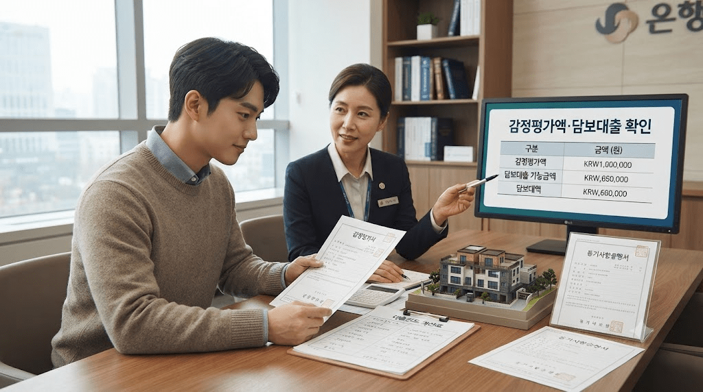 상담 창구에서 서류를 함께 검토하는 두 사람