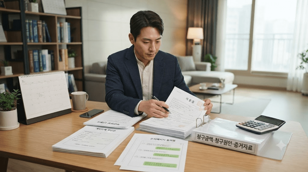 책상에 펼친 서류를 검토하는 남성