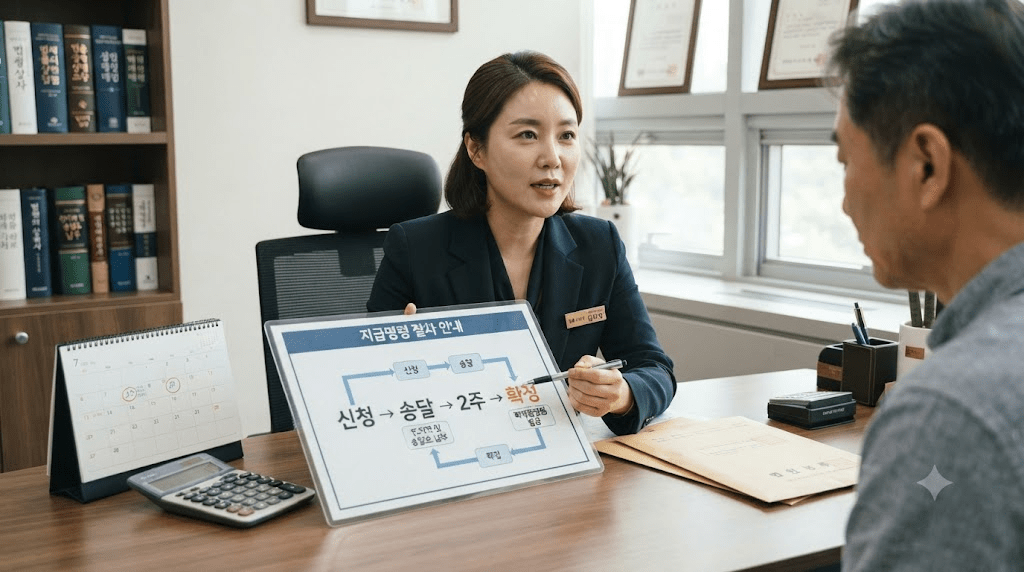 상담 창구에서 서류를 함께 검토하는 두 사람