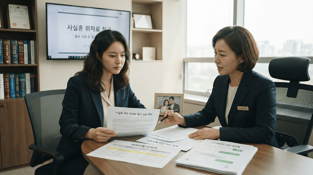 상담 창구에서 서류를 함께 검토하는 두 사람