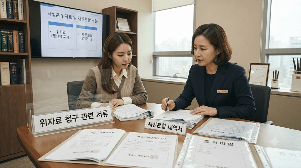 상담 창구에서 서류를 함께 검토하는 두 사람
