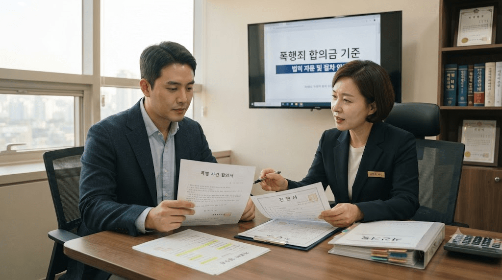 상담 창구에서 서류를 함께 검토하는 두 사람