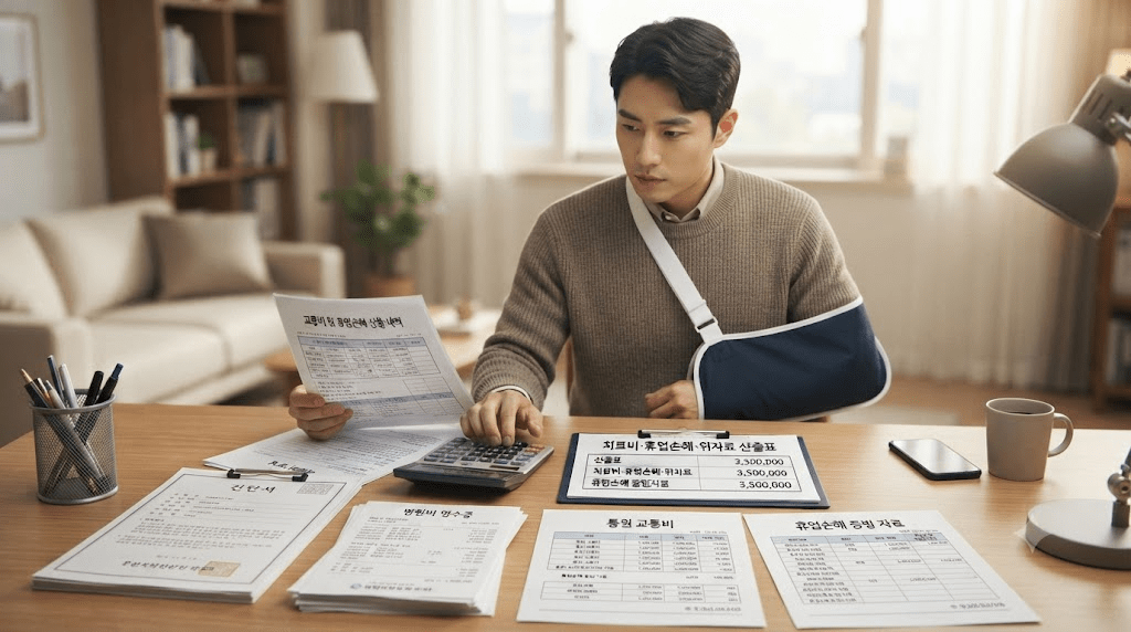 팔에 붕대를 한 남성이 서류를 검토하는 모습