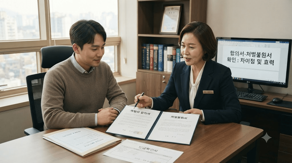 상담 창구에서 서류를 함께 검토하는 두 사람