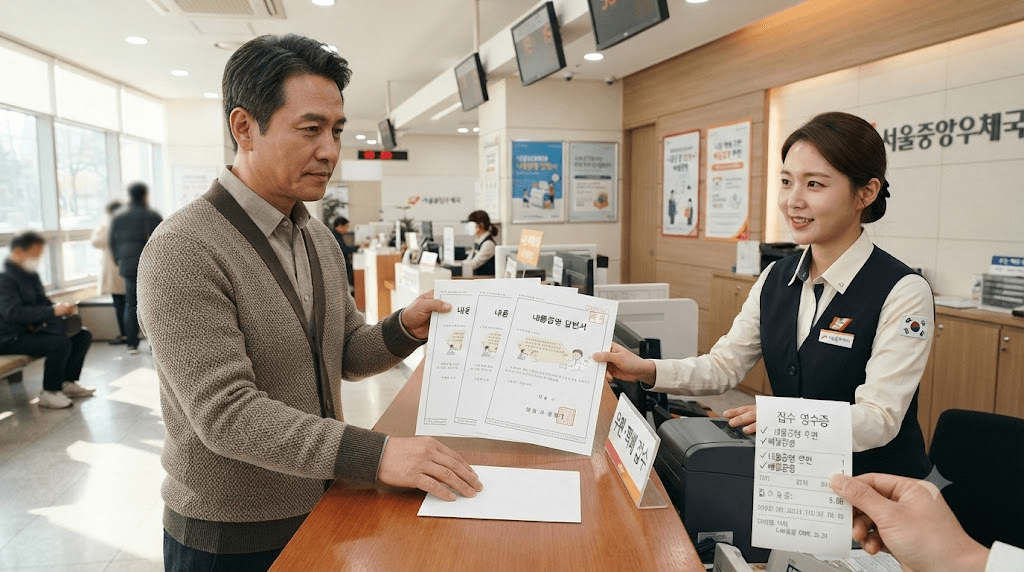 상담 창구에서 서류를 함께 검토하는 두 사람